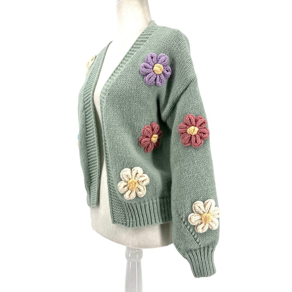 Luna Ivy Women's M Oversized Short Spring Green Chunky Knit Daisy Cardigan - Picture 6 of 8
